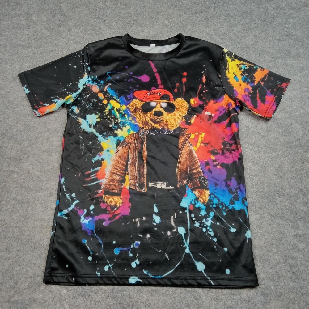 Bear‎ Graphic Shirt Mens Medium Black Multicolor Double Sided All Over Print